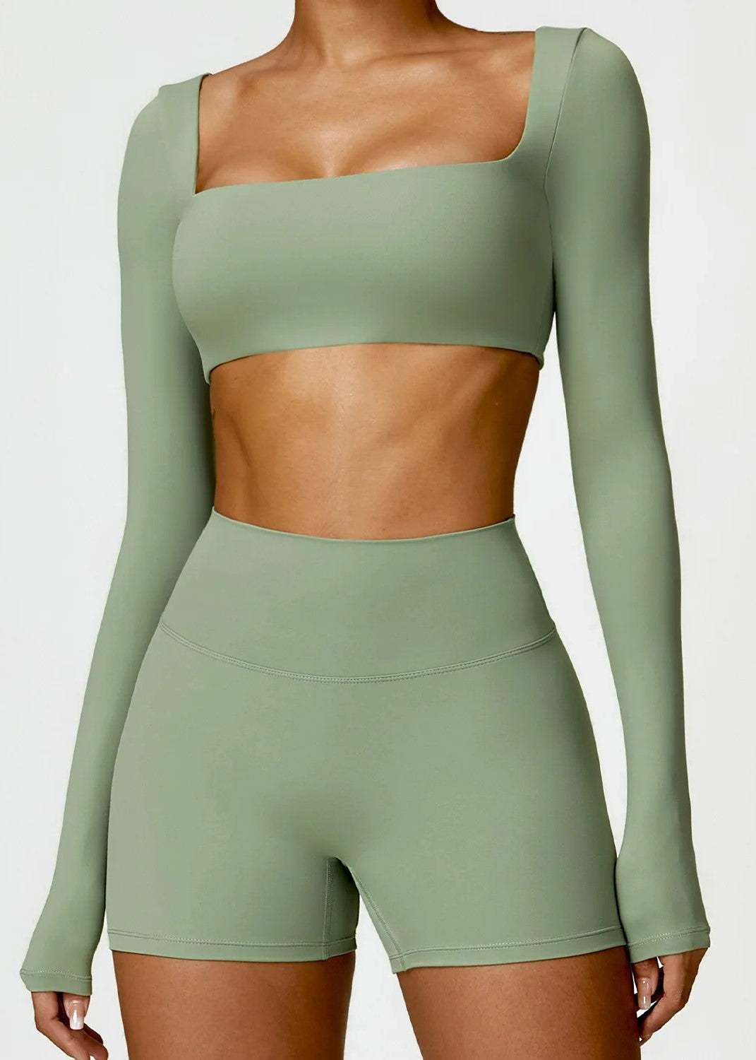 Green Long Sleeve Crop Top Frontside#color_sage