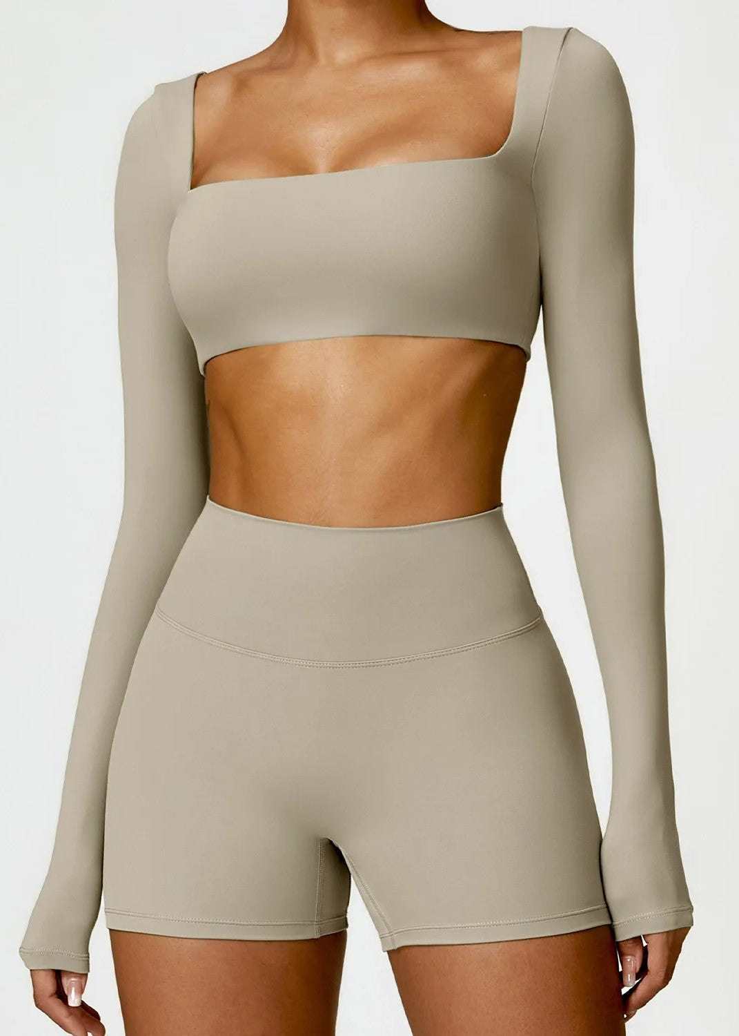 Beige Long Sleeve Crop Top Frontside#color_sand