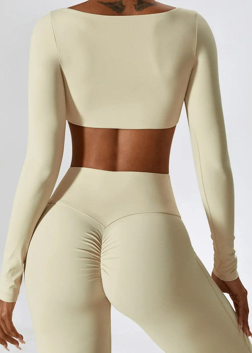 Beige Long Sleeve Crop Top Backside#color_cream