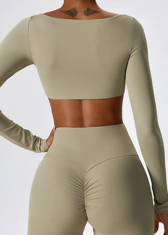 Beige Long Sleeve Crop Top Backside#color_sand