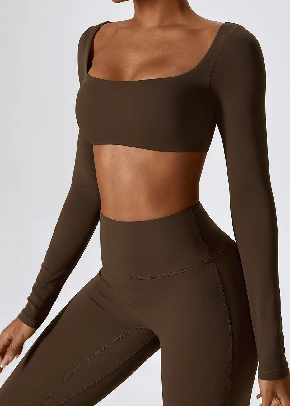 Brown Long Sleeve Crop Top Frontside#color_coffee