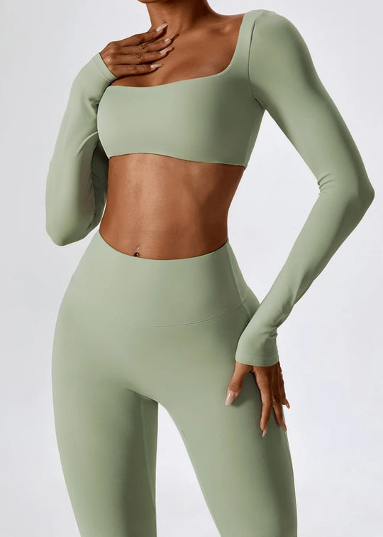 Green Long Sleeve Crop Top Frontside#color_sage