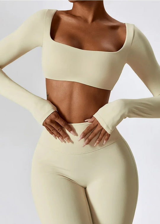 Beige Long Sleeve Crop Top Frontside#color_cream