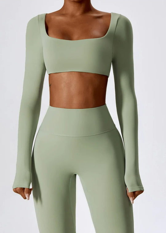 Green Long Sleeve Crop Top Frontside#color_sage