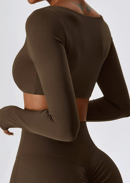 Brown Long Sleeve Crop Top Backside#color_coffee