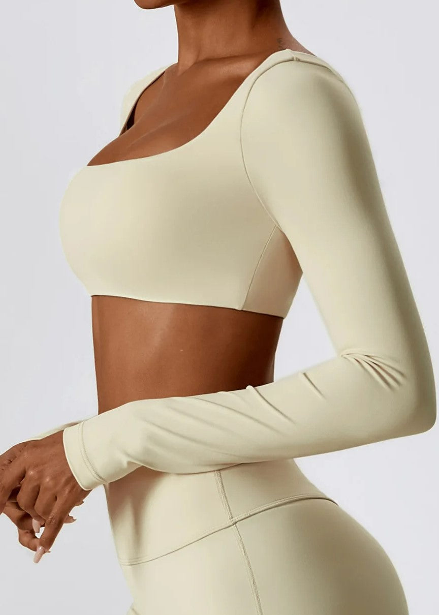 Beige Long Sleeve Crop Top Sideview#color_cream