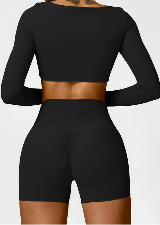 Black Long Sleeve Crop Top Backside#color_black